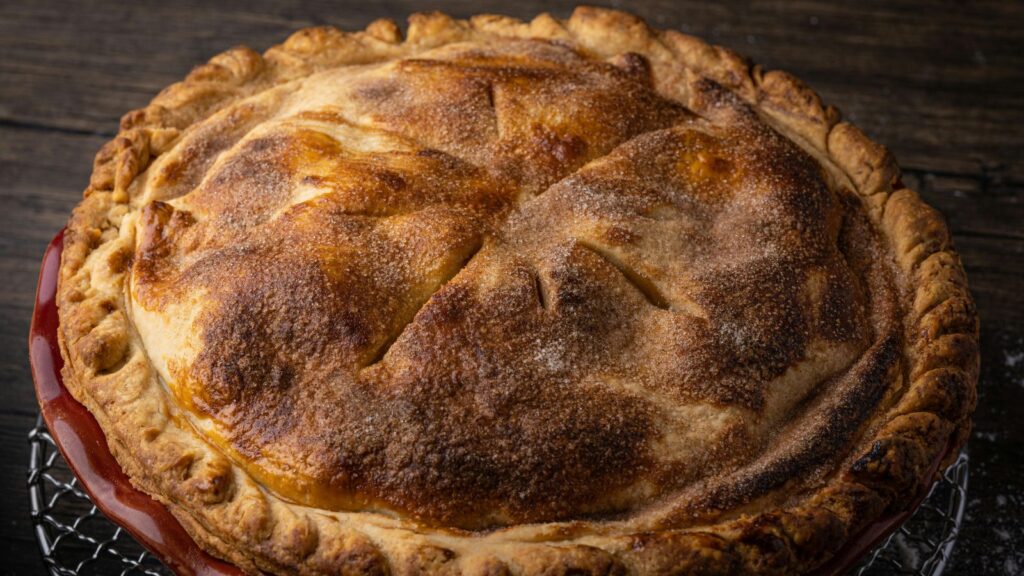 A close-up of a baked pie with a golden, sugar-dusted crust and deep brown spots, sitting on a wire rack. The pie's vent holes are visible, with rustic crimped edges.