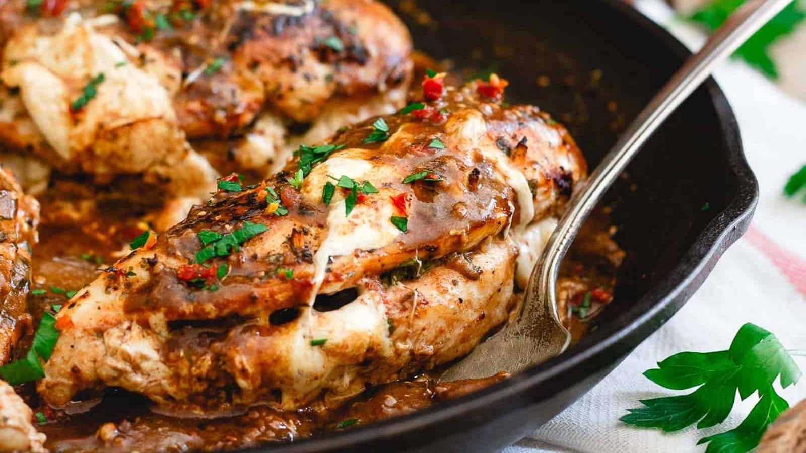 Poulet farci marsala dans une poêle en fonte.