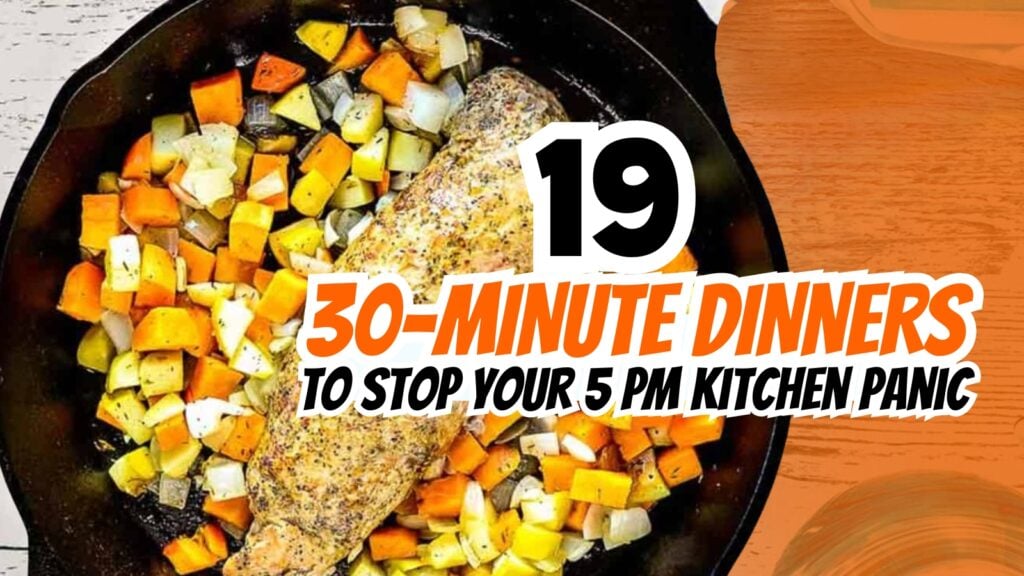 A skillet with seasoned meat and diced vegetables, overlaid with text: "19 30-Minute Dinners and Freezer Meals to Stop Your 5 PM Kitchen Panic.