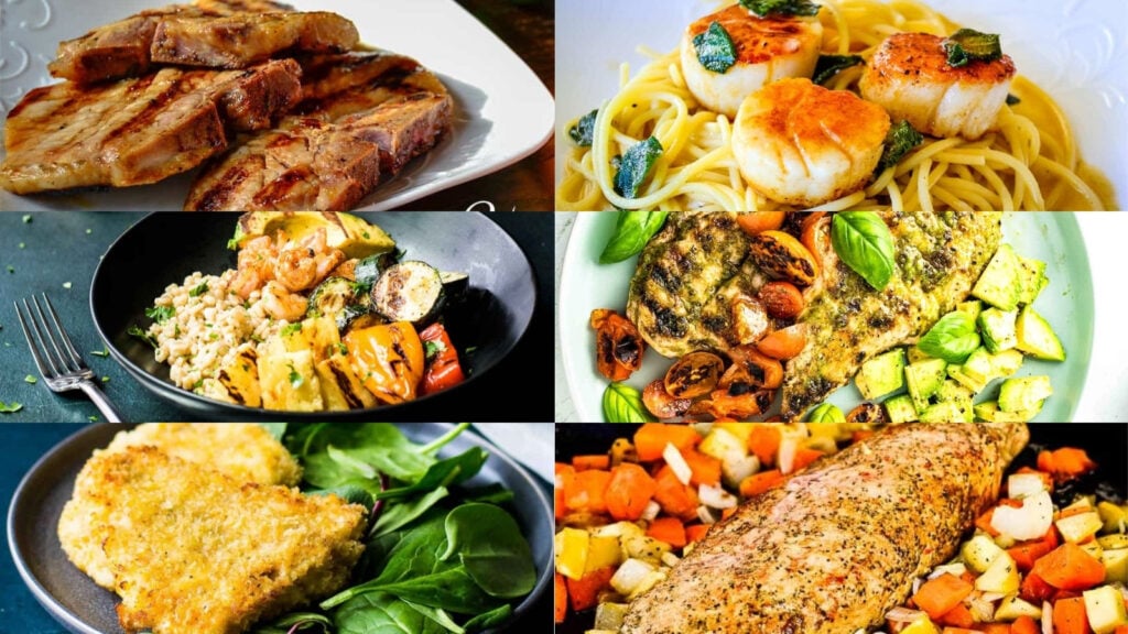 A collage of six plates of food, including grilled meats, seafood, pasta with scallops, roasted vegetables, and baked fish—perfect choices for quick and easy dinners—presented on various dishes.