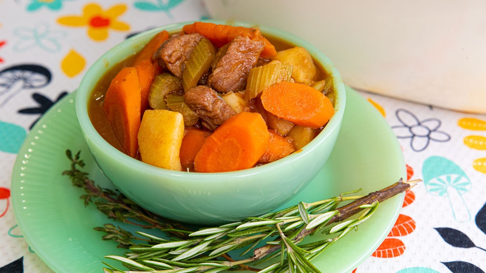 Irish lamb stew with potatoes and carrots in a bowl.