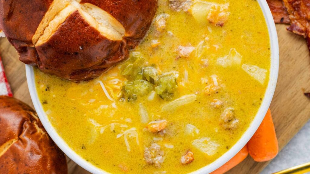 A bowl of cheesy soup with ground meat, potatoes, and vegetables, topped with green garnish, served with a pretzel roll on the side.