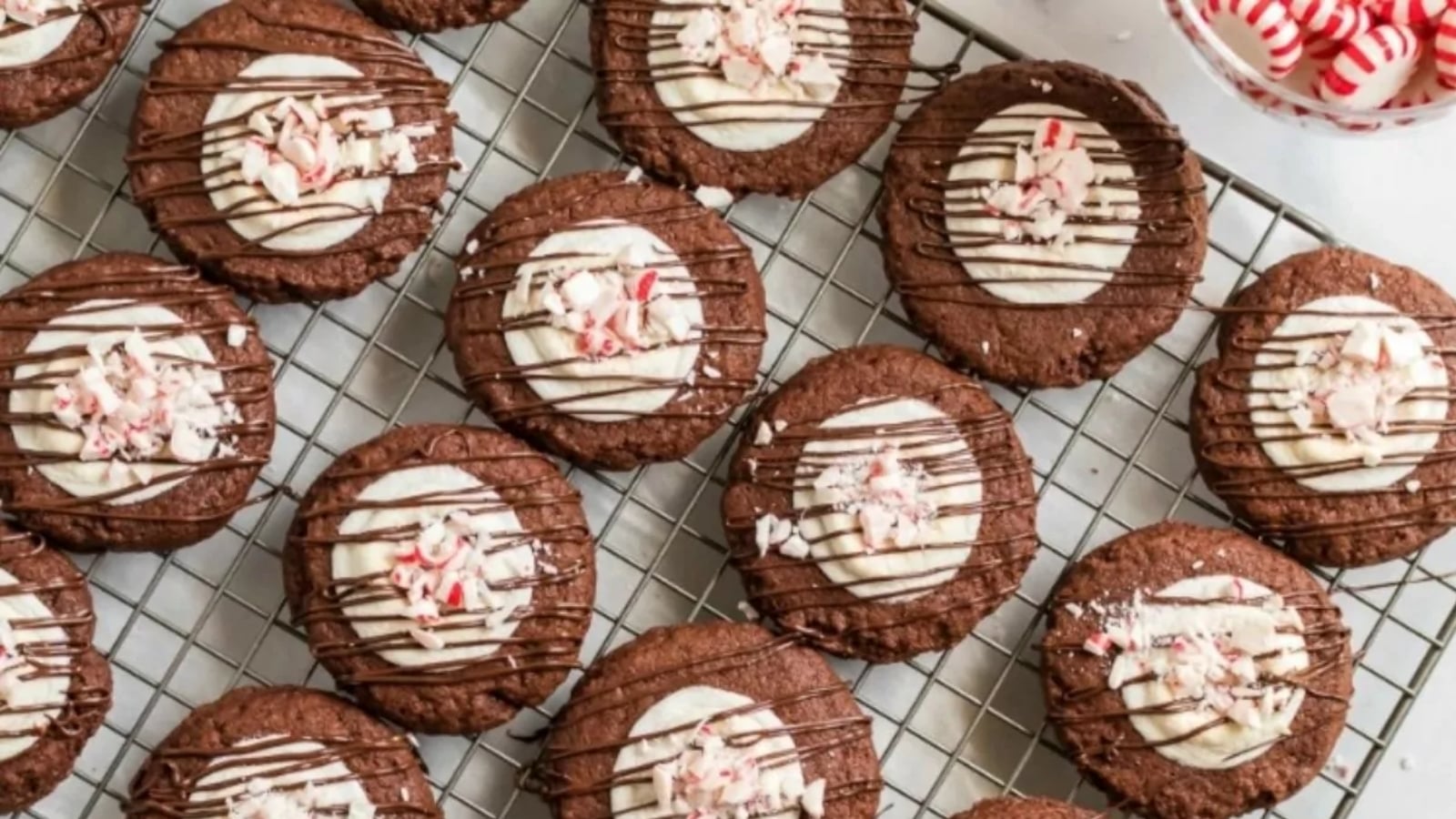 Chocolate marshmallow peppermint cookies with drizzle