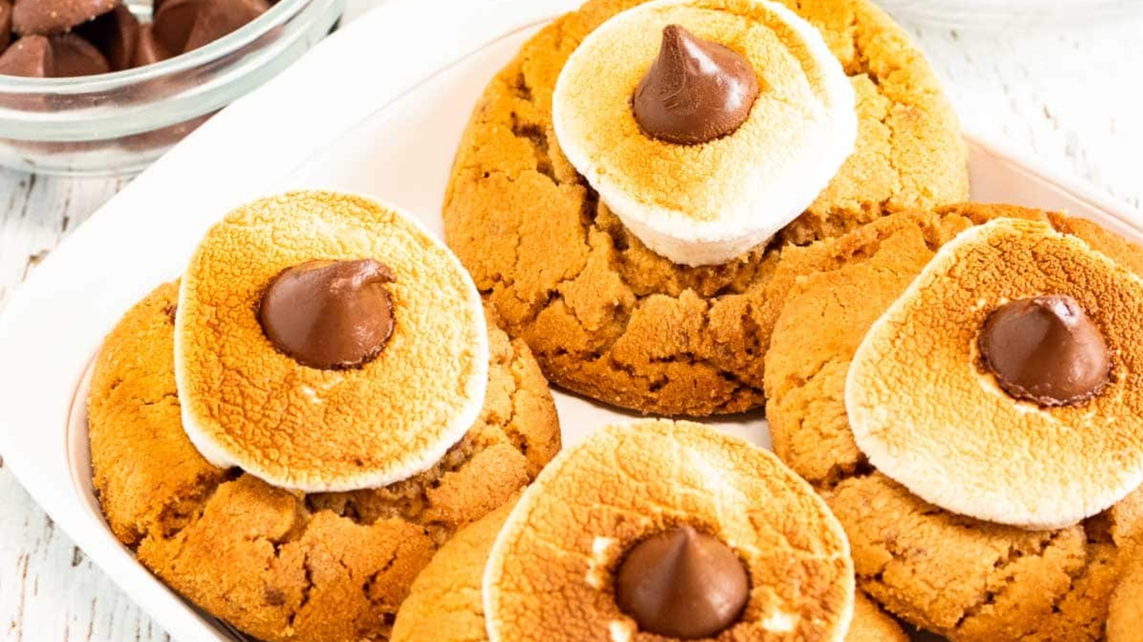 Cookies topped with toasted marshmallows and chocolate drops on a white plate.