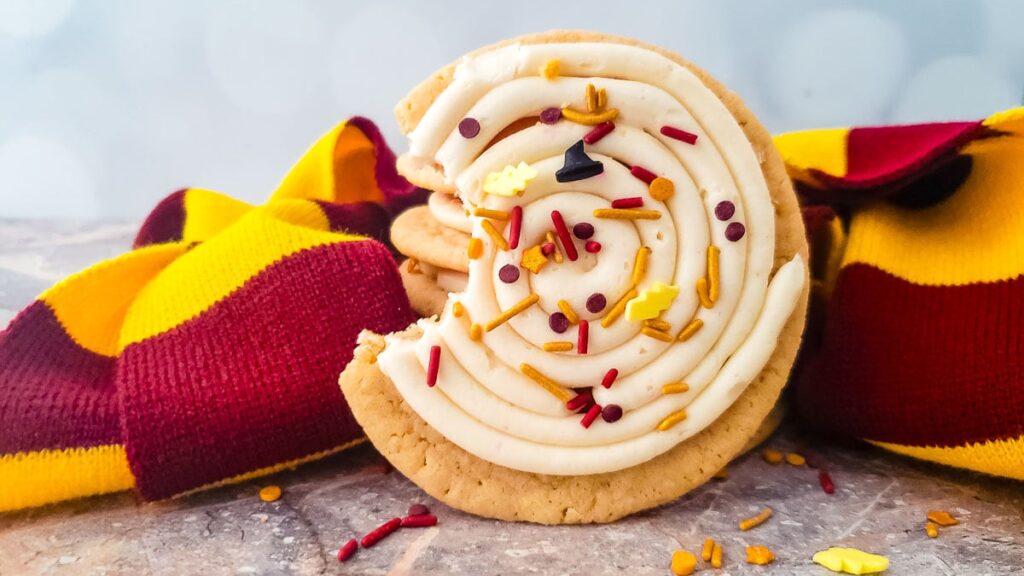 A sugar cookie with white icing and colorful sprinkles sits on a marble surface, with a red and yellow striped scarf in the background.