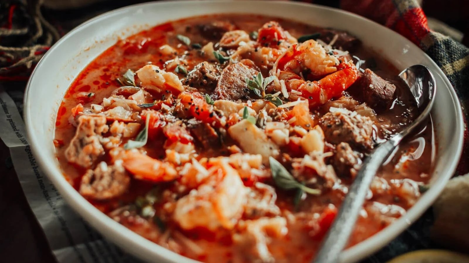 A bowl of chunky stew with meat, shrimp, vegetables, herbs, and grated cheese, served with a spoon.