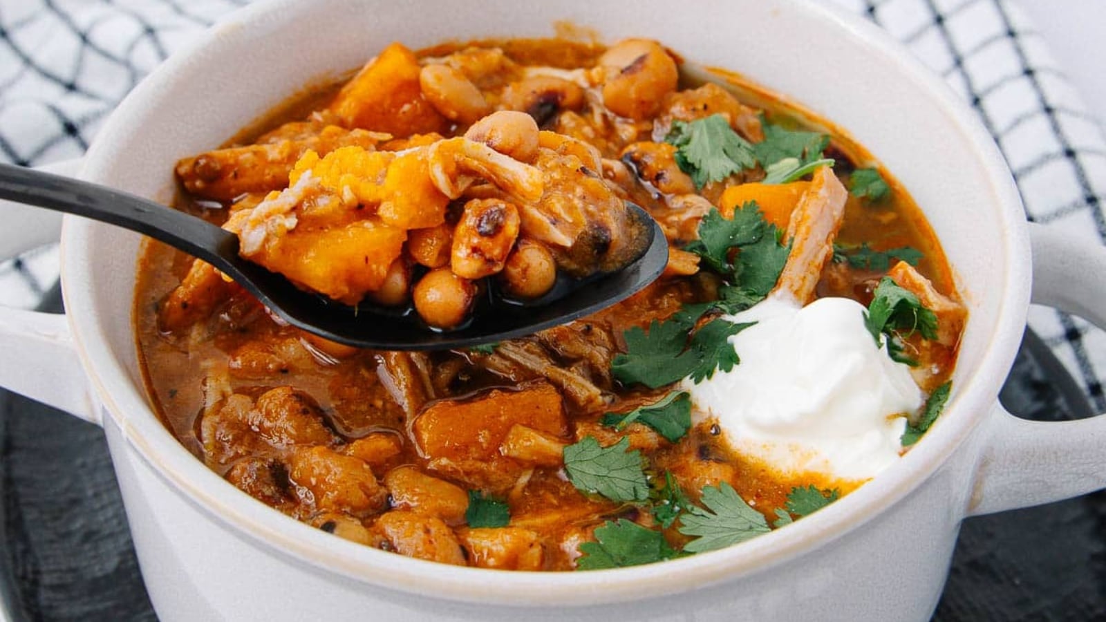 Black-eyed peas soup with pork and sweet potatoes in a thick broth.