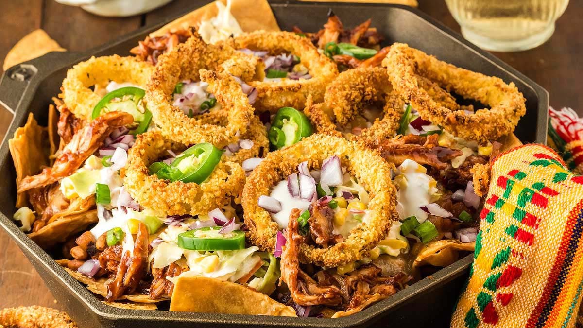 BBQ Chicken Nachos in a pan.