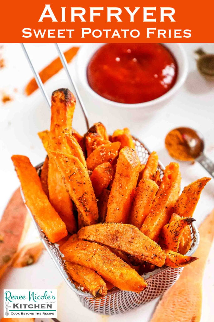 Crispy air fryer sweet potato fries with sriracha dipping sauce, styled for Pinterest.