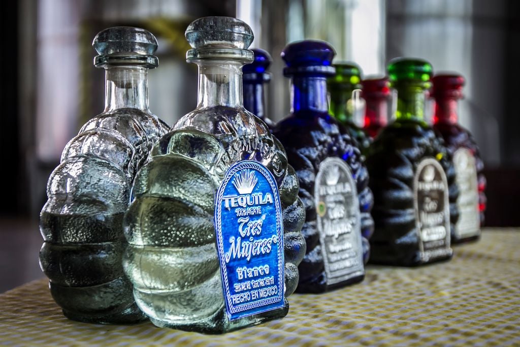 Colorful tequila bottles arranged in a row, showcasing traditional Mexican spirits.